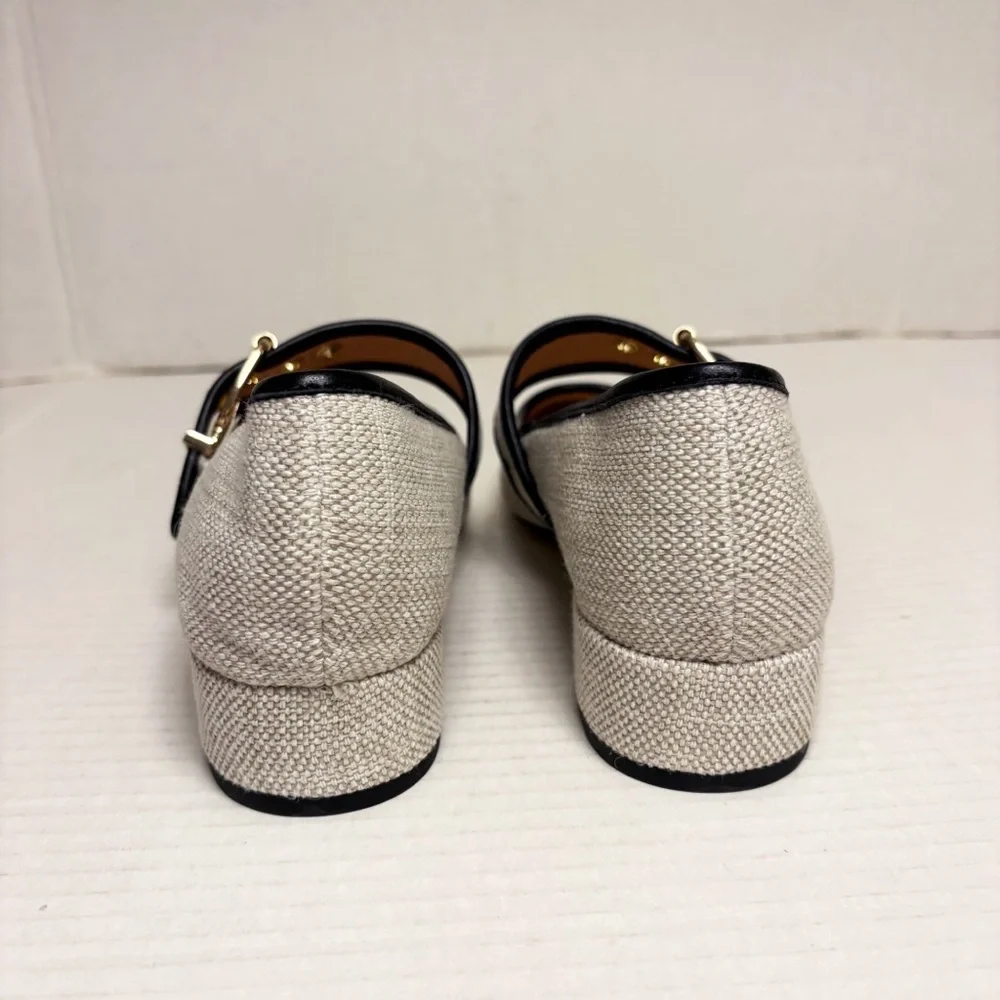 NWOB J. Crew Teagan Mary Jane Heels in Spanish Canvas Cream & Black - Picture 6 of 10